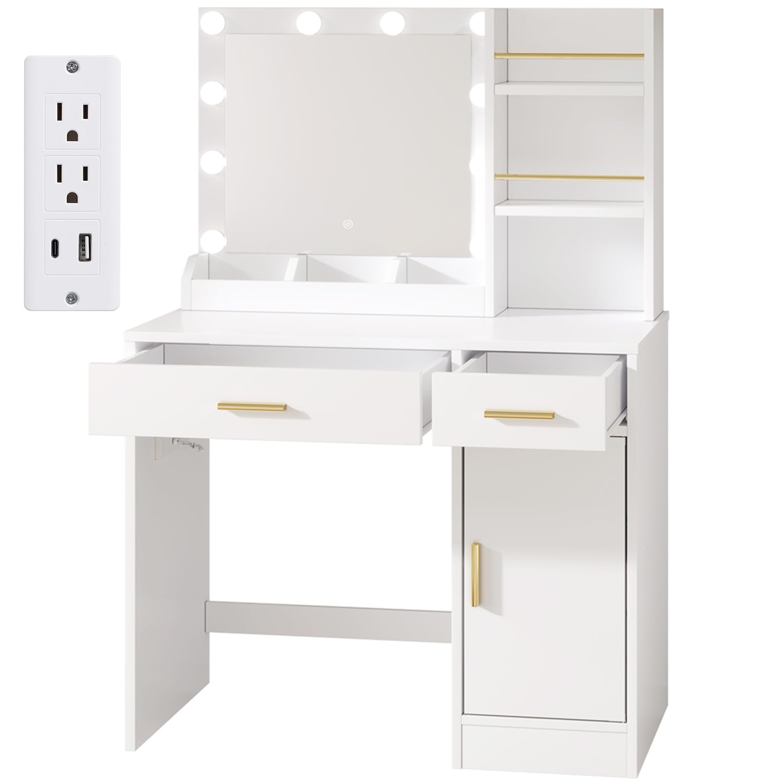 AMERLIFE 35.5" Make up Vanity Desk with Mirror and Lights, Vanity with Lights 3 Models Settings & Power Outlet, Vanity Desk with 2 Drawers, 1 Cabinets, Shelves, Makeup Vanity for Bedroom, White