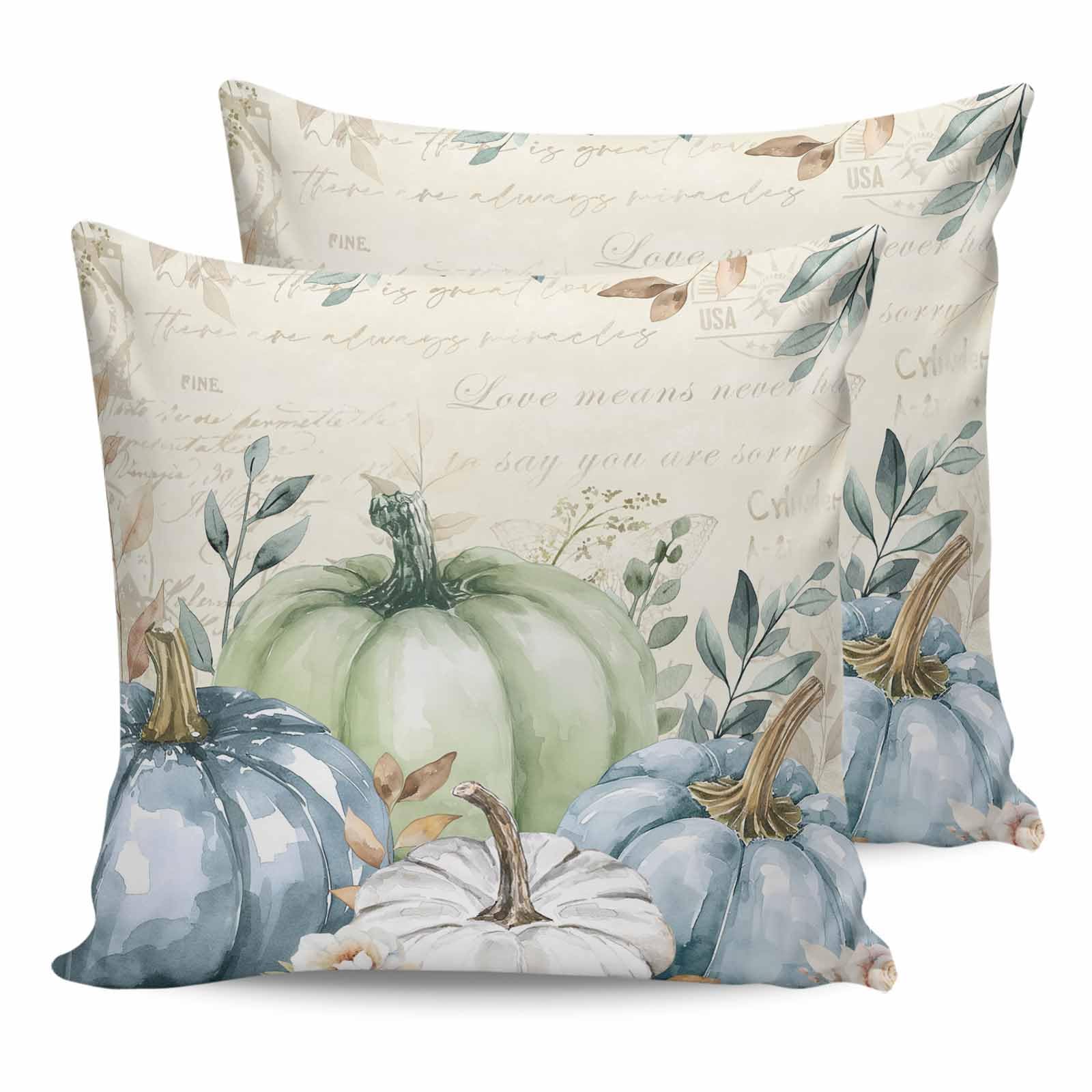 MUSWEDSEP Outdoor Pillow Covers Pack of 2,Fall Thanksgiving Pumpkin Green Blue Farm Plants Waterproof Throw Pillow Cover Decorative Cushion Case for Patio Garden Couch Sofa,Retro Letter Pillowcase