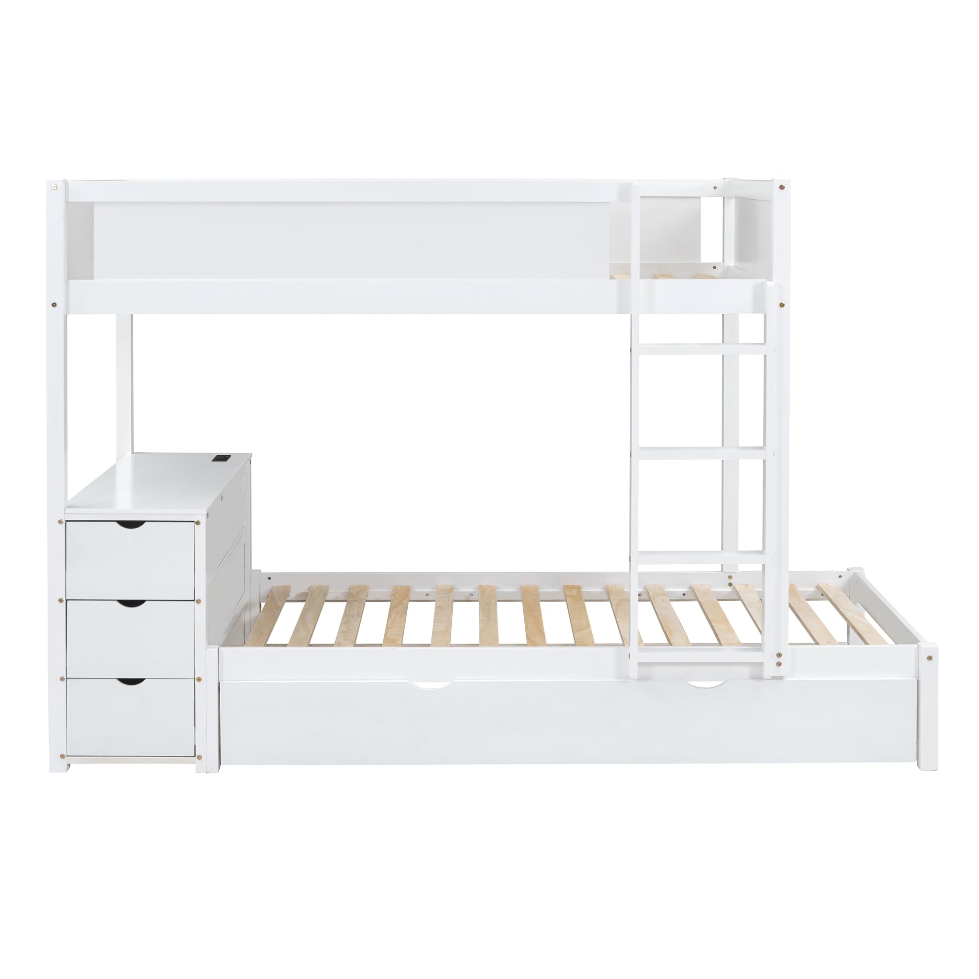 Harper & Bright Designs Twin Over Twin Bunk Bed with Trundle, Desk and Storage Drawers, Wood Bunk Bed Frame for Kids Teens Adults, White