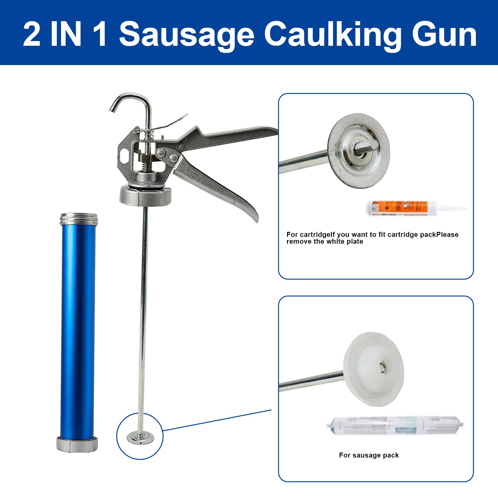 2 Pack sausage caulking gun, sausage gun caulking gun, 20 oz sausage tube gun caulking gun，with 4 cone nozzles,Suitable for bathroom, kitchen, living room, window and roof