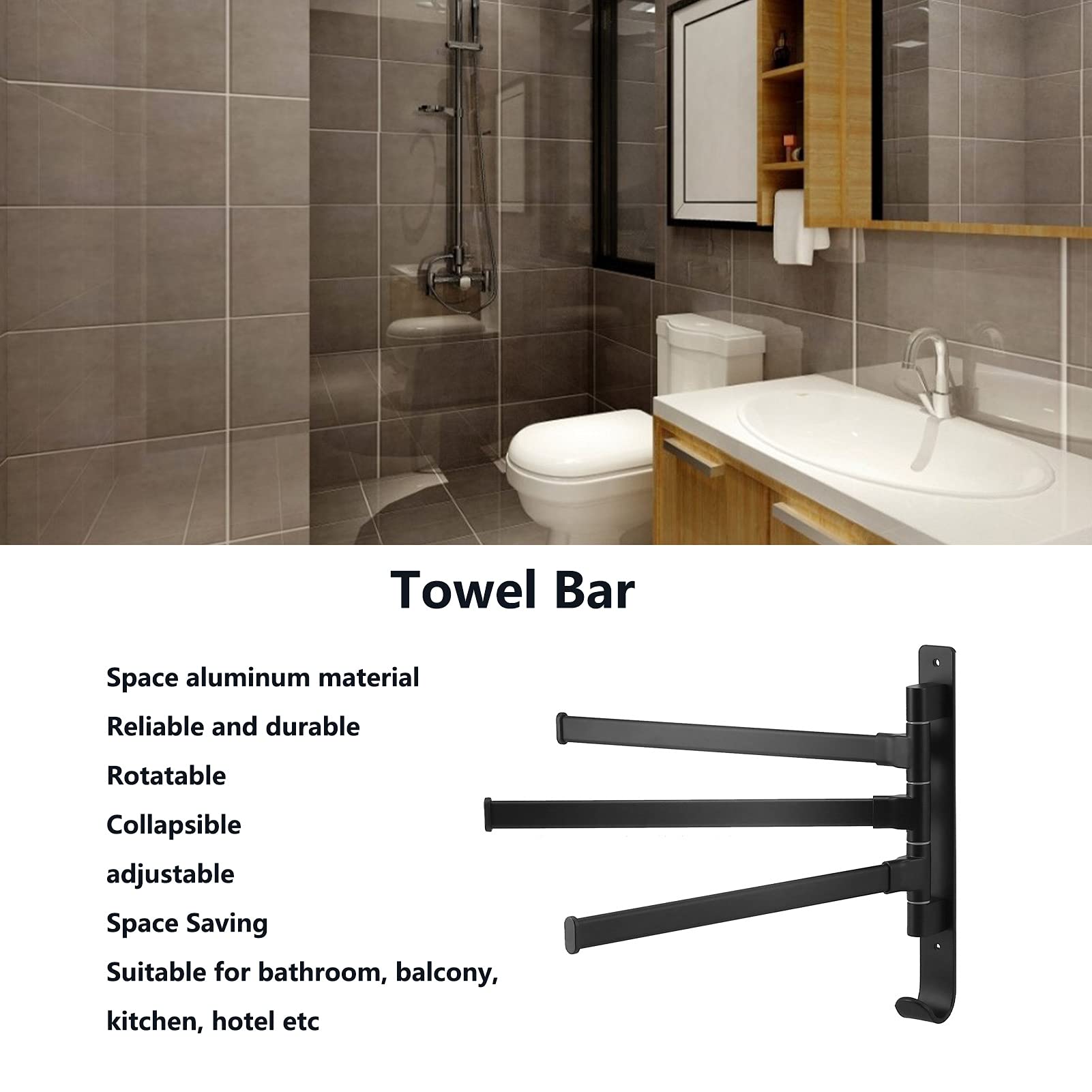 Towel Rack, Bath Towel Holder Rotating 3 Poles Space Aluminum Folding Retractable Swivel, Towel Rod for Bathrooms Balconies Kitchen