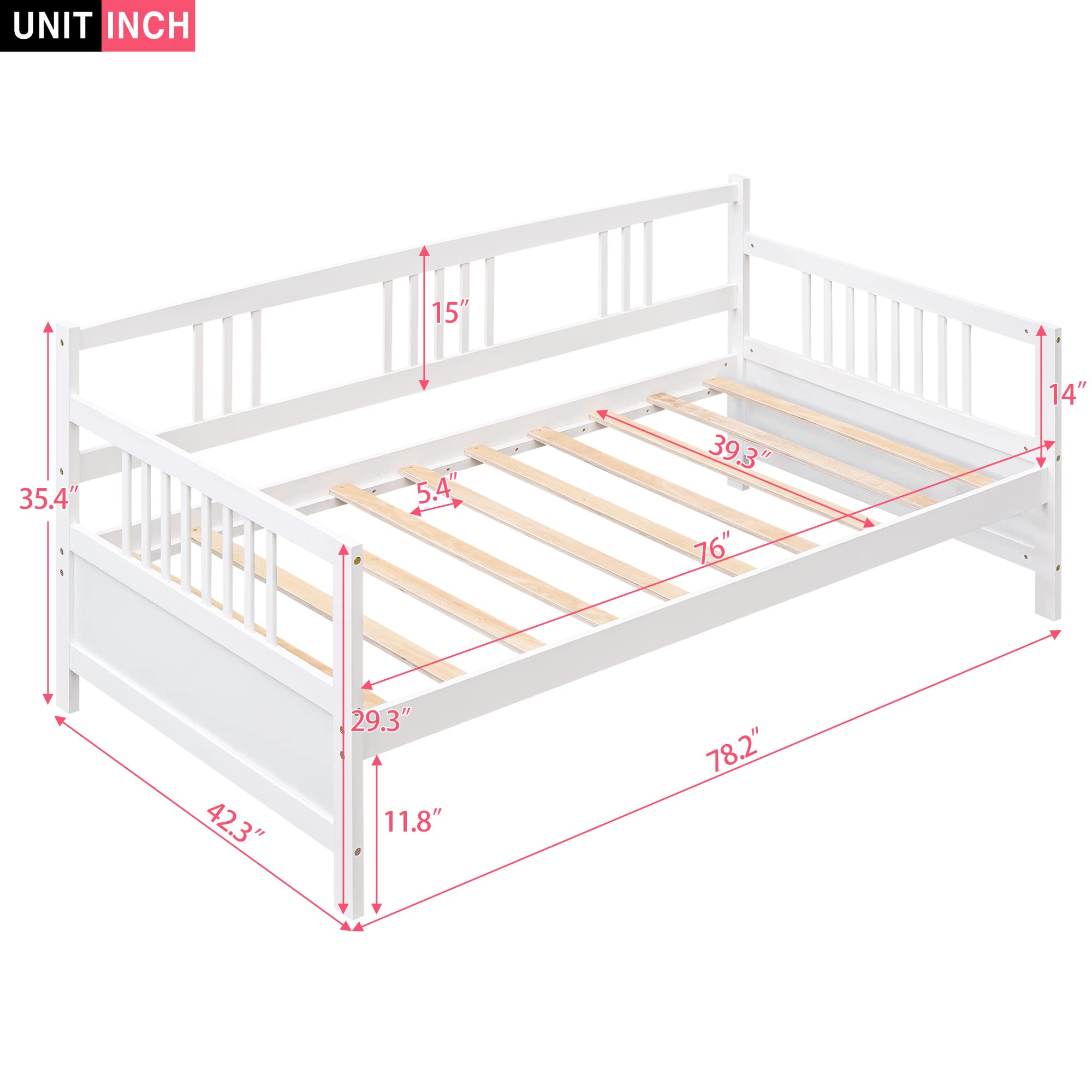 Merax Wood Twin Daybed, Wooden Sofa Bed Guest Bed with Rails & Wood Slat Support, Dual-use Twin Size Platform Bed Frame for Living Room Bedroom, No Box Spring Needed, White