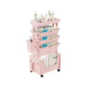 5 tier mobile bookshelf cart, removable movable bookcase, rolling cart book rack storage bookcase organizer, kids bookshelf carts with wheels for living room classroom office kitchen bedroom (pink)