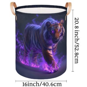 Flame Tiger Laundry Hamper, Tropical Tiger Dirty Clothes Hamper, Foldable Round Laundry Basket with Leather Handle Trim - Suitable for Office, Bedroom and Utility Room