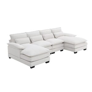 U Shaped Sectional Couches for Living Room, 110" Sectional Sofa with Waist Pillows, Symmetrical Sleeper Sofa Couch with Double Chaise Lounge, Modular Sofa for Living Room Furniture Sets, White