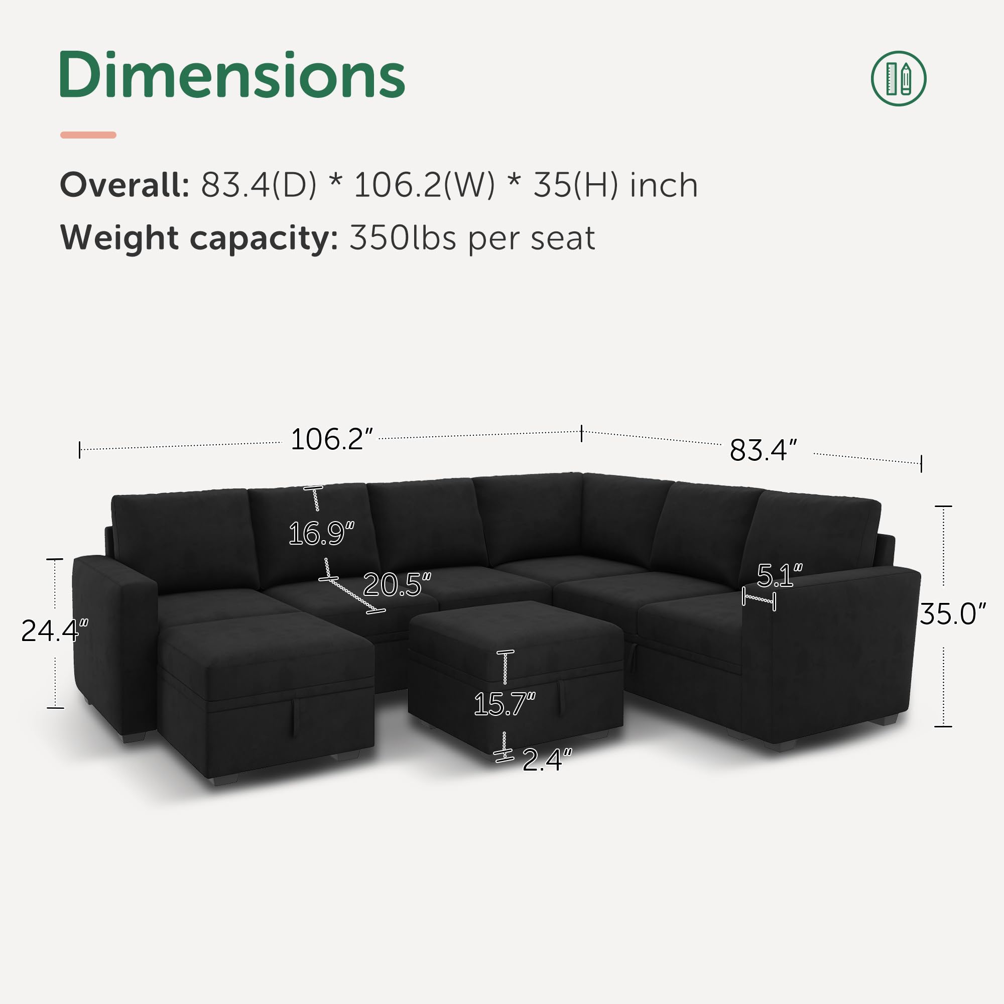 HONBAY Modular Sectional Couch with Storage, Velvet U-Shaped Sectional Sofa with Storage Ottoman Convertible U-Shaped Sofa for Living Room, Black