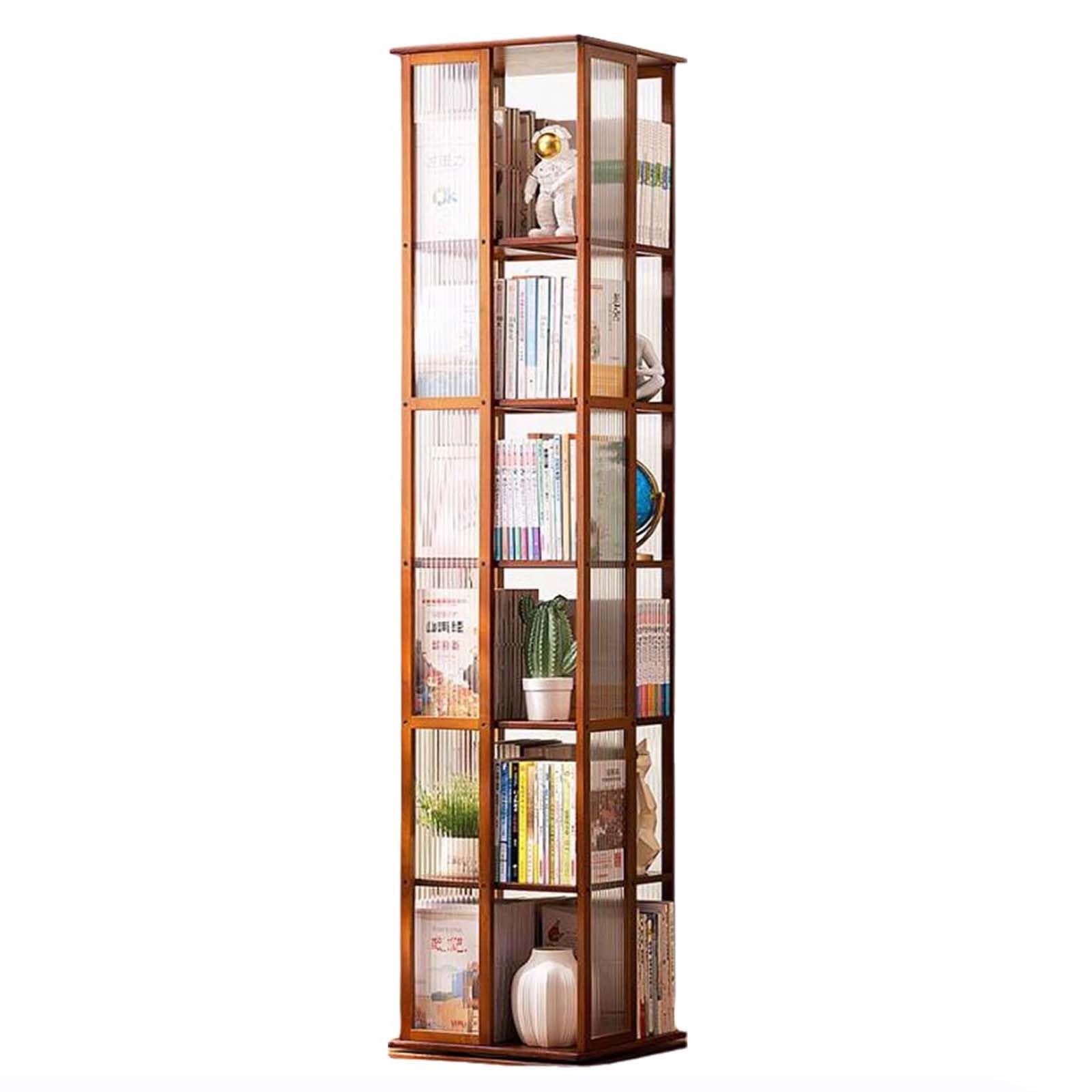 360° Rotating Bookshelf, 6 Tier Floor-Standing Acrylic Bookcase for Kids Adults, Spinning Display Shelf Books Storage Rack for Small Space Living Room, Study Room (Brown)