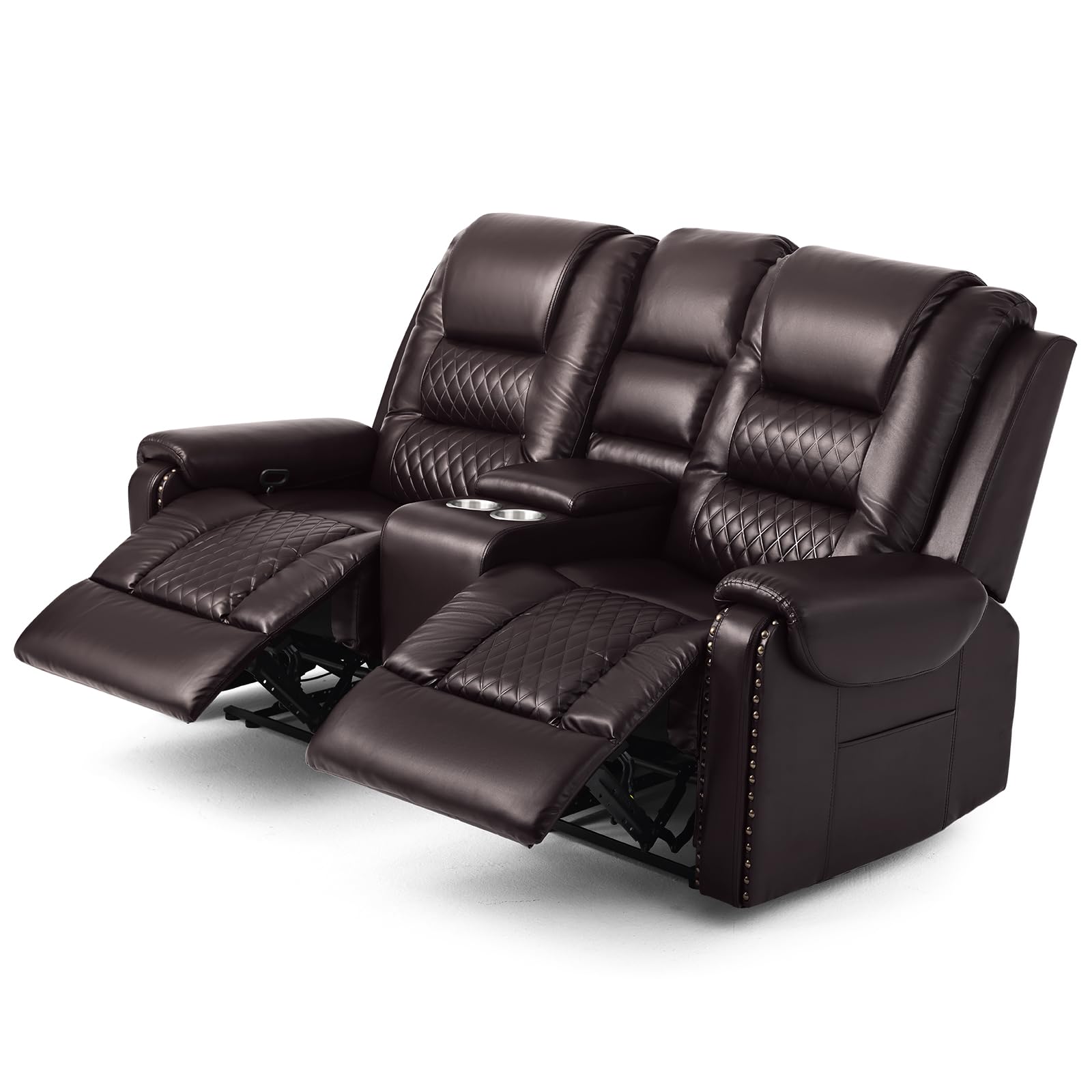 Large Massage Recliner Loveseat with Lumbar Heating, PU Leather Reclining Sofa Chairs, Ergonomic Living Room Chairs with Cup Holders and Remote Control, Brown