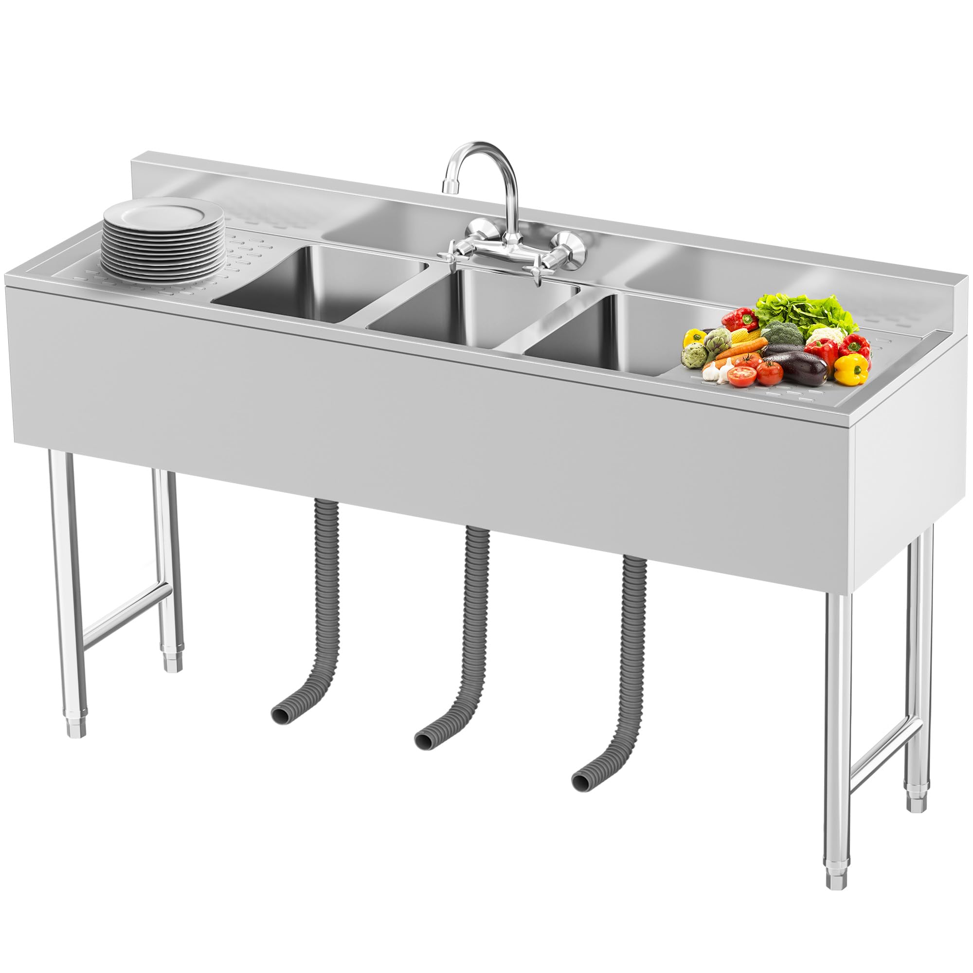 YITAHOME NSF Commercial Kitchen Sink 3 Compartment Stainless Steel Bar Sink with Double Drainboard, Prep Freestanding Large Sink for Restaurant, Garage, Utility Underbar Sink 60"L x 19"W x 32in