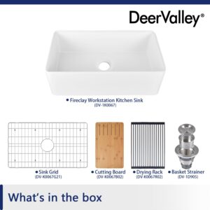 DeerValley 33 inch White Farmhouse Sink, Fireclay Farmhouse Kitchen Sink, Single Bowl Kitchen Sink, Front Apron Sink for Kitchen, Workstation Sink with Grid, Sink Strainer & Workstation Accessories