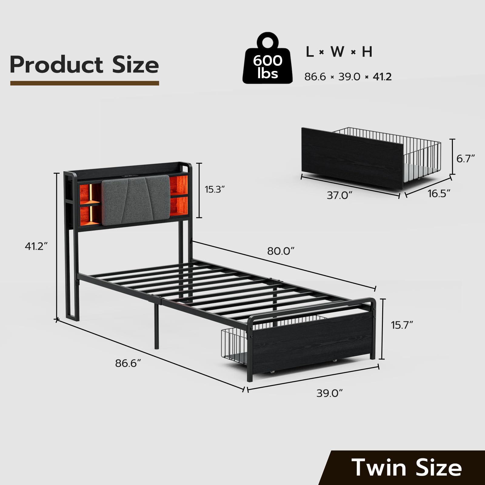 KZNGK Twin XL Bed Frames with Storage Shelf Headboard and Charging Station, LED Platform Bed with Drawer and Space Underneath, Metal Slats Support, No Box Spring Needed, Black