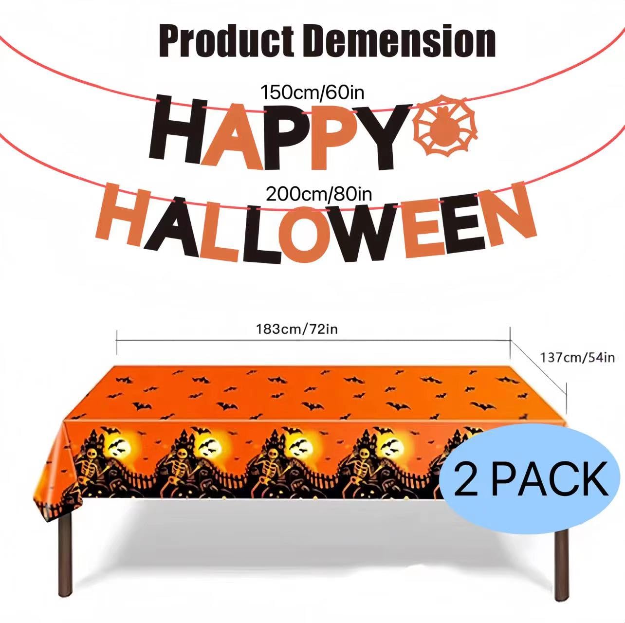 Cusfele 2 Pack Halloween Tablecloth with Banner Hanging Decorations, 54x72 Inch Rectangle Plastic Table Cover Halloween Indoor Outdoor Indoor Decor Party Supplies