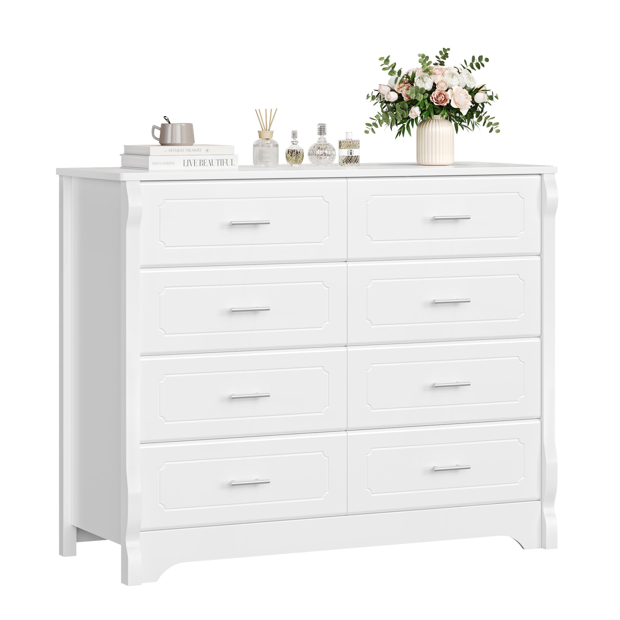 HITHOS 8 Drawer Dresser for Bedroom, White Dresser, 47" Wood Dresser & Chest of Drawers, Modern Double Storage Dresser Cabinet with Deep Drawers | Metal Handles for Living Room, Hallway, Entryway