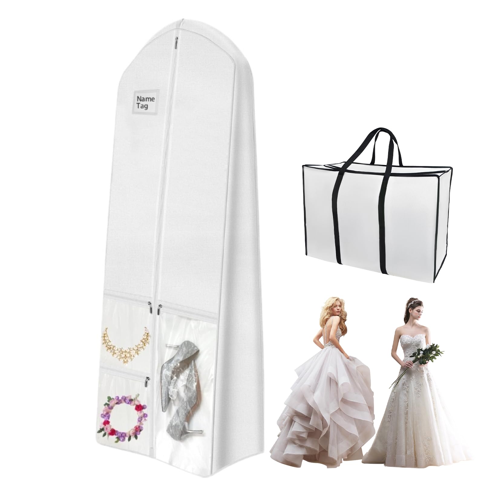 Wedding Dress Garment Bags for Hanging Clothes and Travel 70" Dress Bags for Gowns Long with Bride Tote Bag Suitable for Women Long Dress Down Fur,White