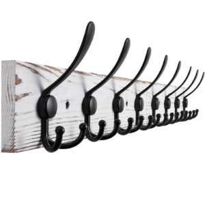 kuhome 32.2'' large coat rack wall mount coat hooks coat hanger with 8 metal black triple- hooks old white pine real wood plank hat rack for wall hooks for hanging coat hat jacket