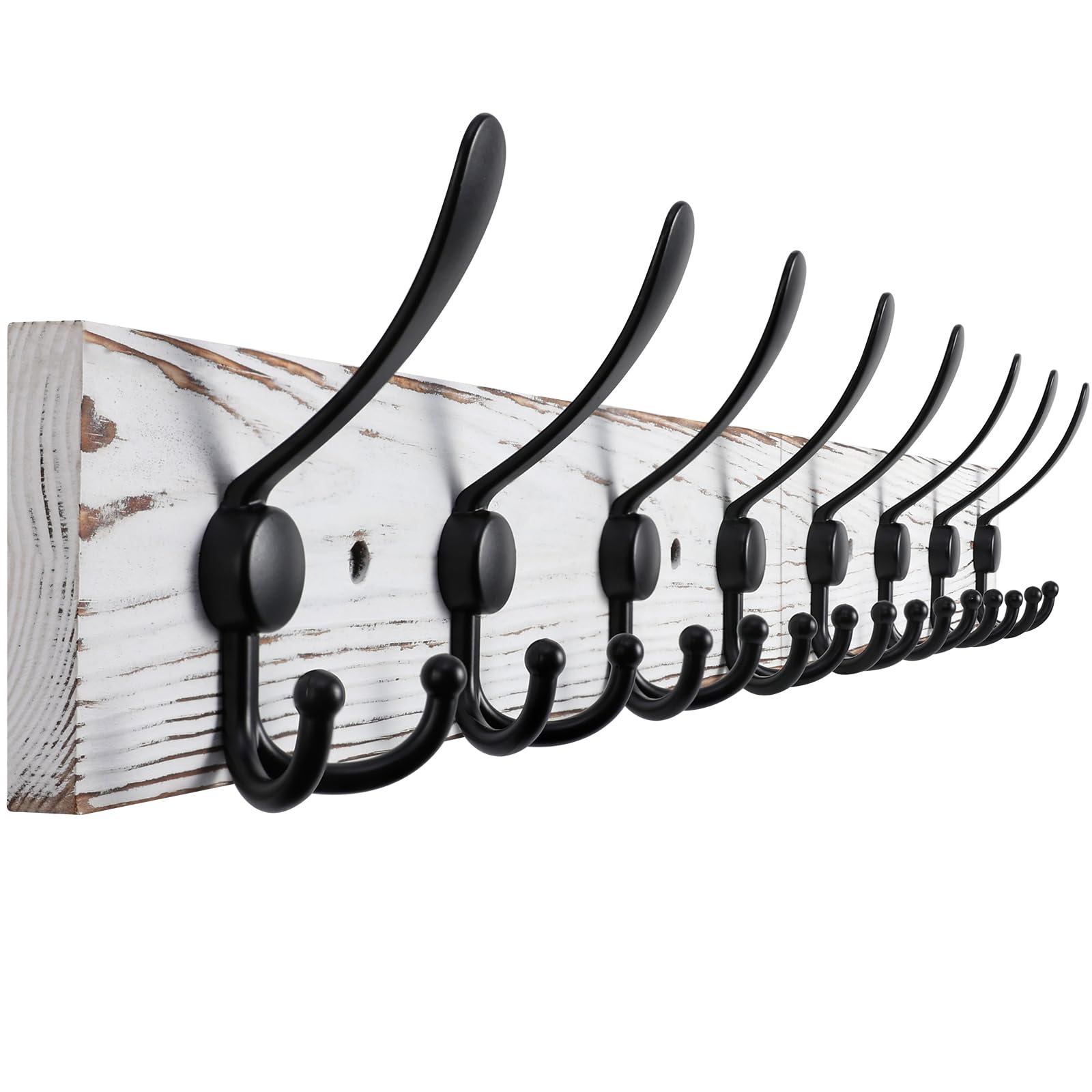 Kuhome 32.2'' Large Coat Rack Wall Mount Coat Hooks Coat Hanger with 8 Metal Black Triple- Hooks Old White Pine Real Wood Plank Hat Rack for Wall Hooks for Hanging Coat Hat Jacket