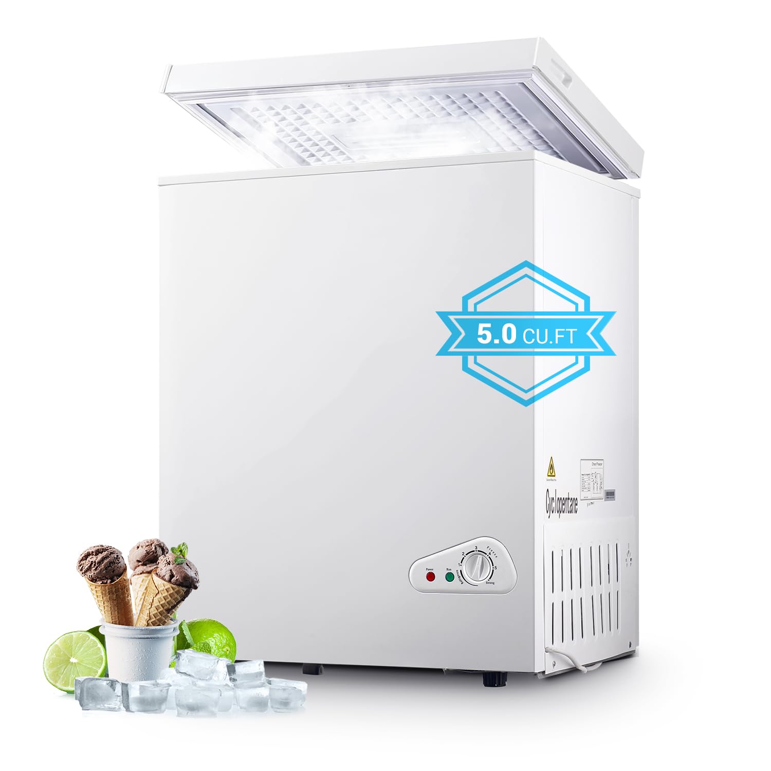 rosmena Chest Freezer, Deep Freezer 5 Cubic Feet with Removable Baskets & 6 Adjustable Temperature & Top Open Door, White Mini Deep Freezer Compact Freezer Suitable for Apartments(Down to -18°F)