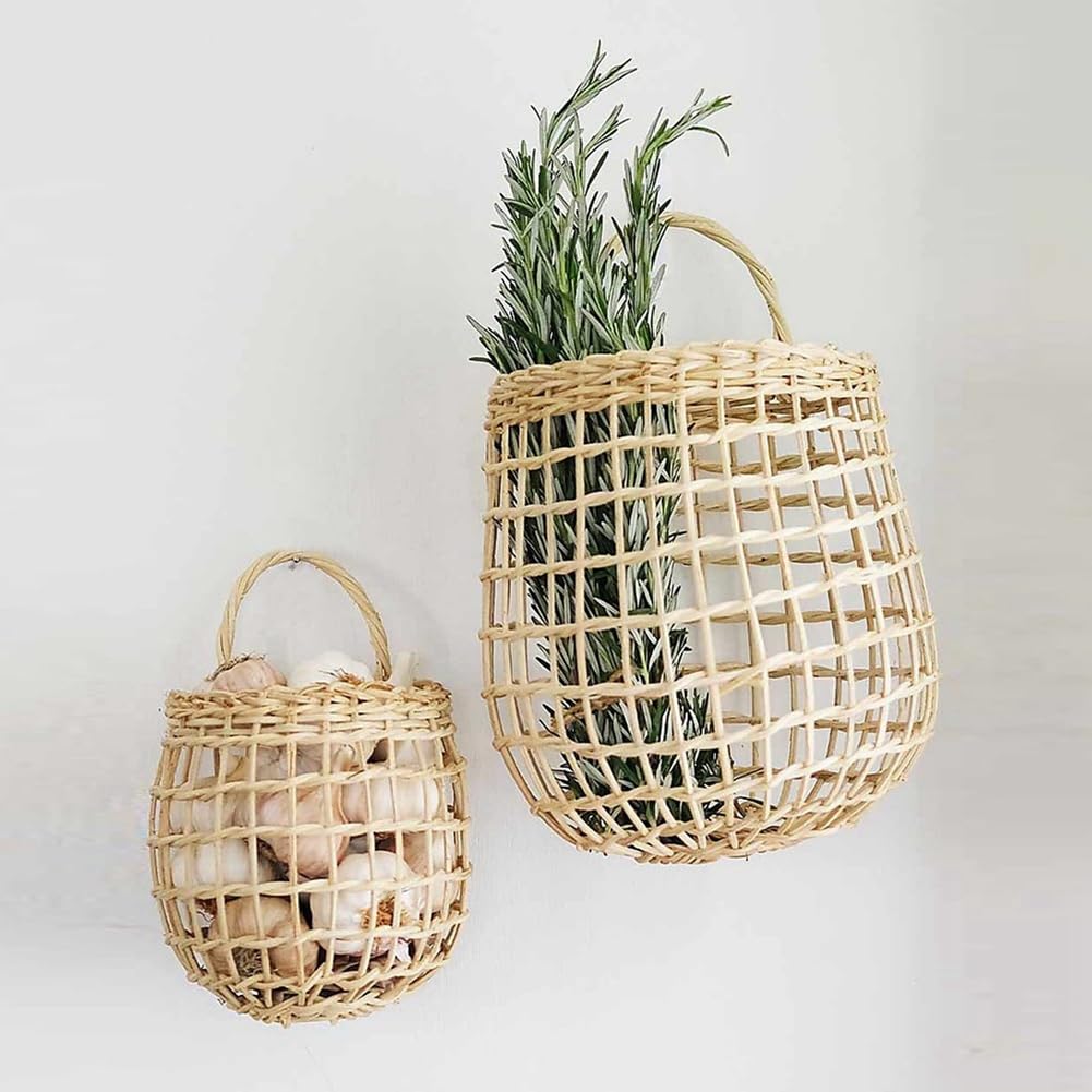 Wall Hanging Basket, Hanging Woven Wall Wicker Basket With Handle, Small Woven Rope Closet Organizer Décor, Open Storage Bins for Flower Plants/Garage/Shelf/Outdoor/Bathroom (S)