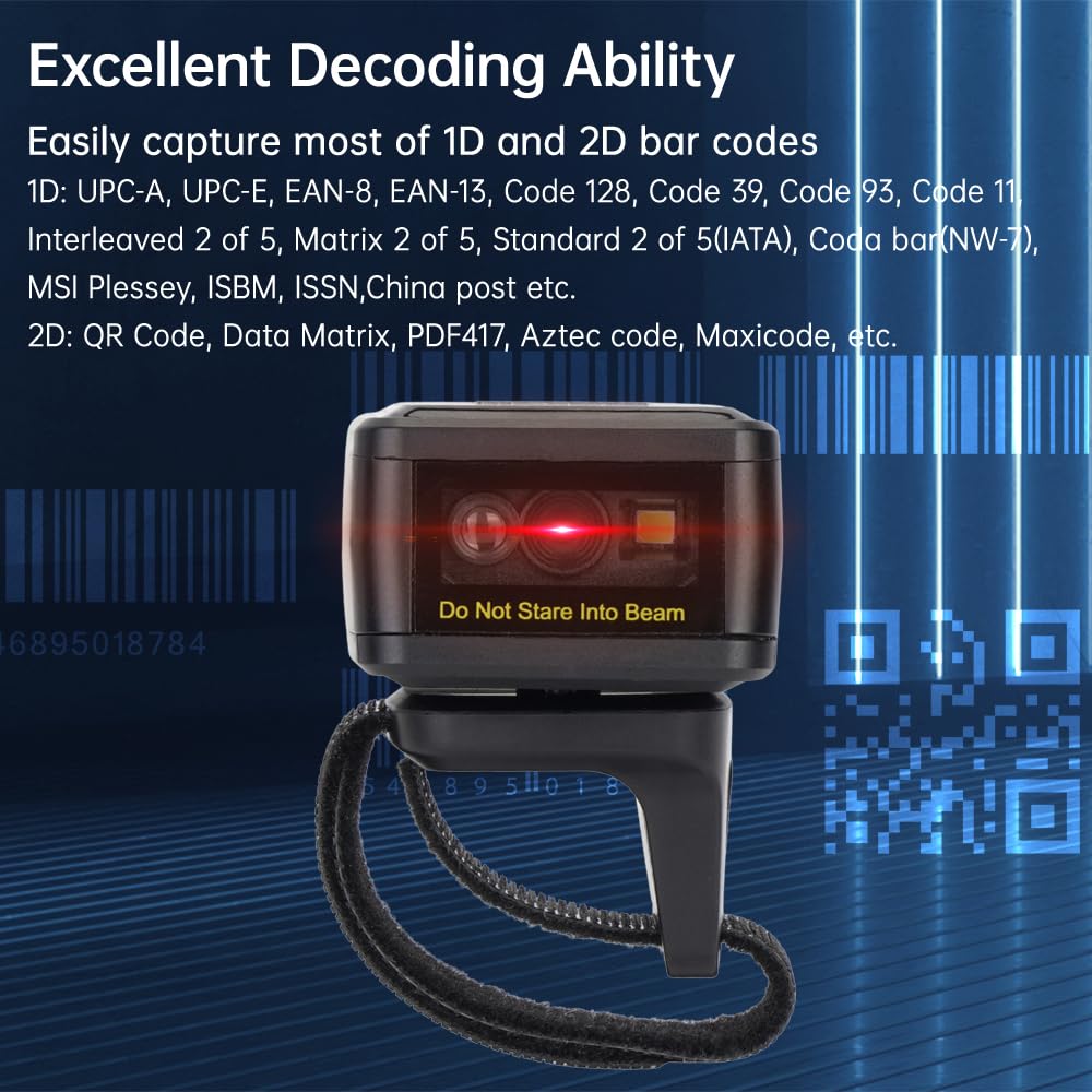 Barcode Scanner,2D Barcode Scanner Portable Finger Handheld Wearable Ring 1D 2D Bar Code Reader Bt+2.4G Wireless and Wired Connection Support for Windows iOS Android Pc Computers Supermarket