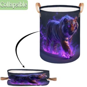 Flame Tiger Laundry Hamper, Tropical Tiger Dirty Clothes Hamper, Foldable Round Laundry Basket with Leather Handle Trim - Suitable for Office, Bedroom and Utility Room