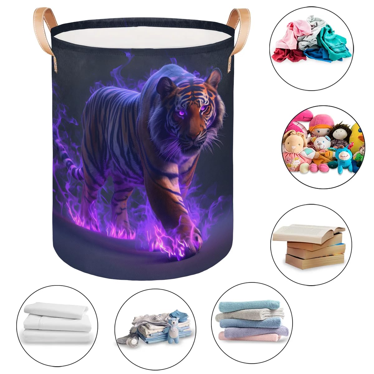 Flame Tiger Laundry Hamper, Tropical Tiger Dirty Clothes Hamper, Foldable Round Laundry Basket with Leather Handle Trim - Suitable for Office, Bedroom and Utility Room