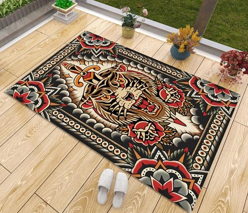 wisemandesign Tattoo Design Rug, Tiger Themed Rug, Traditional Tattoo Rug, Custom Rug, Popular Rug, Cheap Rug, Living Room, Personalized Gift,Gift for (62X82inch//160x210Cm)