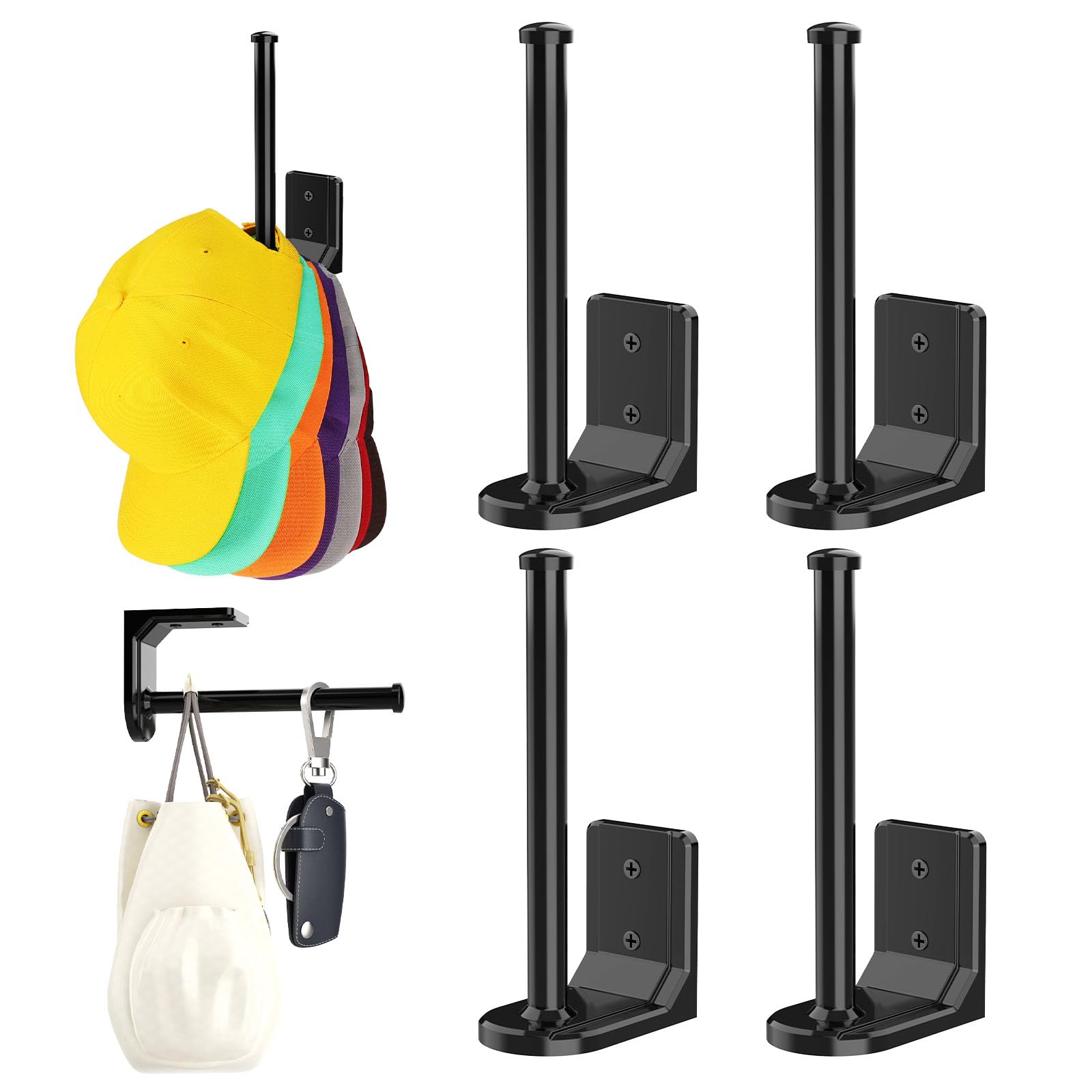 HzTinT 4 Pack Hat Organizer for Baseball Caps Hat Racks for Wall Baseball Hat Storage Organizer Hat Holder for Closet Hat Display Mount Adhesive/Drill Black