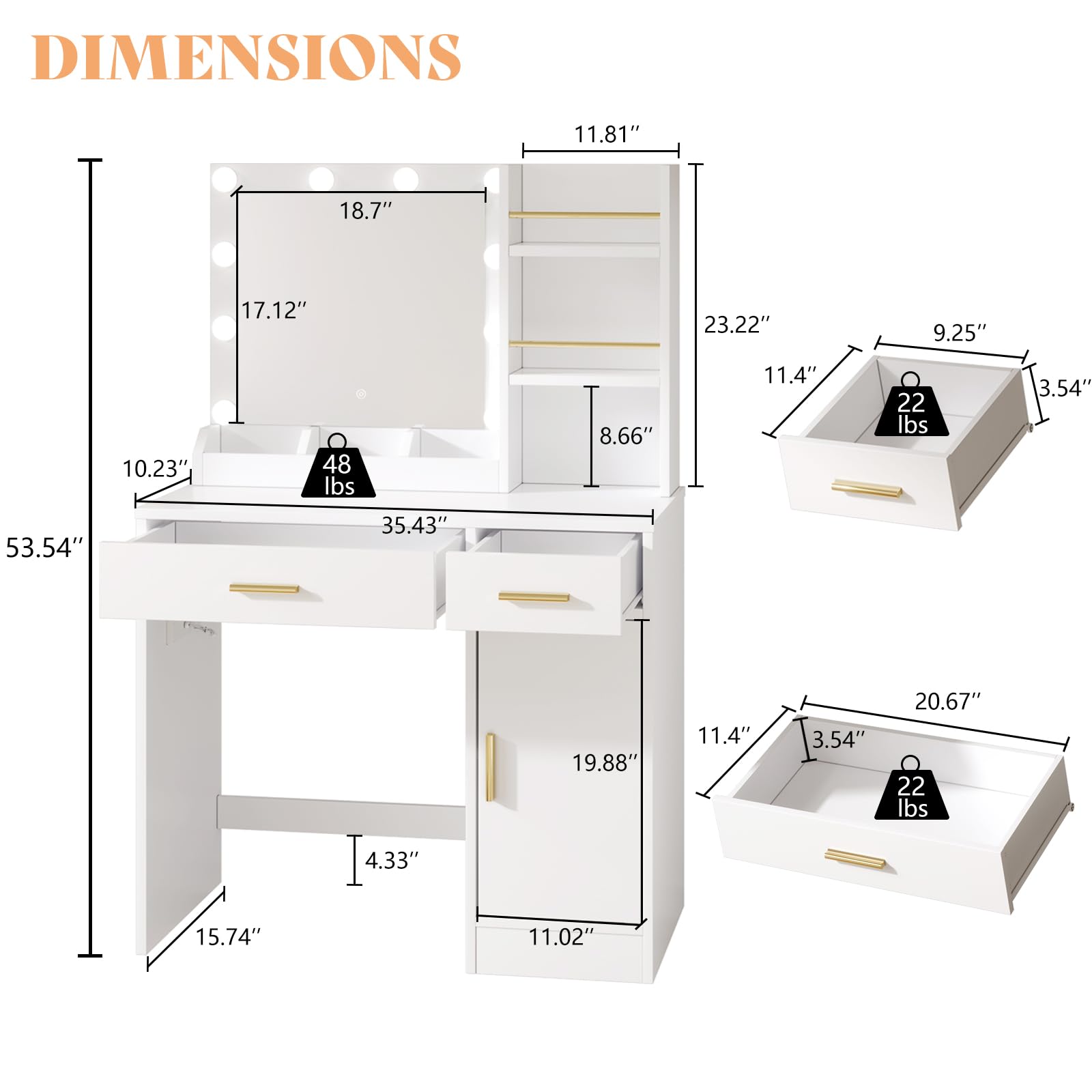 AMERLIFE 35.5" Make up Vanity Desk with Mirror and Lights, Vanity with Lights 3 Models Settings & Power Outlet, Vanity Desk with 2 Drawers, 1 Cabinets, Shelves, Makeup Vanity for Bedroom, White