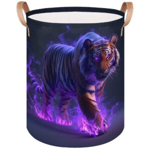 flame tiger laundry hamper, tropical tiger dirty clothes hamper, foldable round laundry basket with leather handle trim - suitable for office, bedroom and utility room