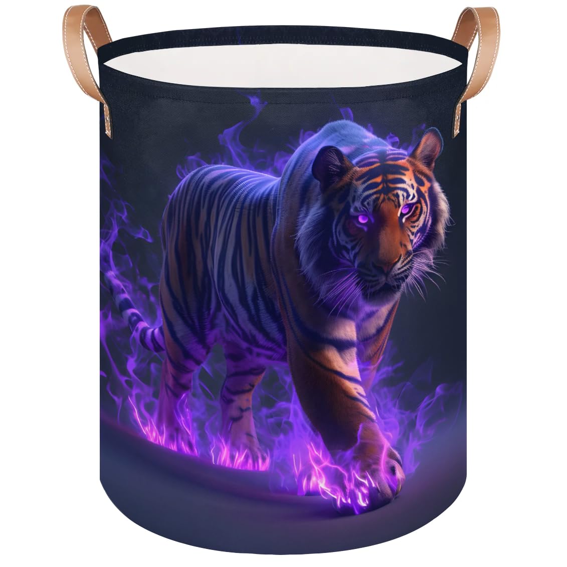 Flame Tiger Laundry Hamper, Tropical Tiger Dirty Clothes Hamper, Foldable Round Laundry Basket with Leather Handle Trim - Suitable for Office, Bedroom and Utility Room