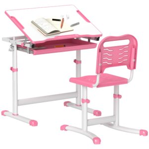 qaba kids desk and chairs set, height adjustable children school study desk with tilt desktop, storage drawer, pen slot, hook, ergonomic table and chair set for kids, pink