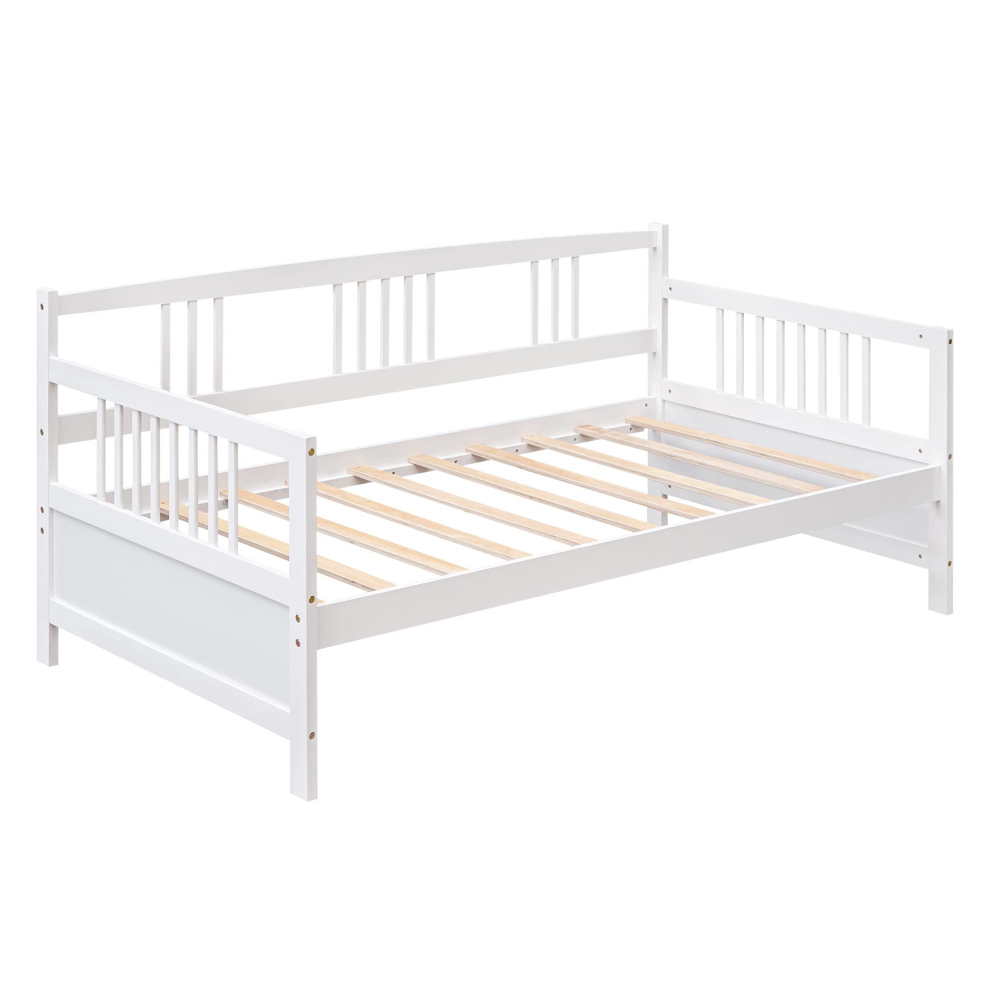 Merax Wood Twin Daybed, Wooden Sofa Bed Guest Bed with Rails & Wood Slat Support, Dual-use Twin Size Platform Bed Frame for Living Room Bedroom, No Box Spring Needed, White