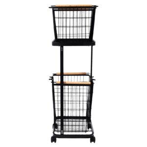 Rolling Laundry Bakset on Wheels, 2-Tier Metal Laundry Hamper Basket Butler Cart with 2 Removable Baskets and 4 Universal Wheels for Kitchen, Bathroom, Laundry Room