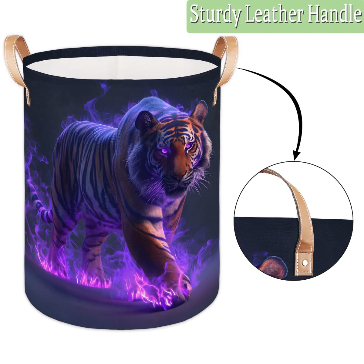 Flame Tiger Laundry Hamper, Tropical Tiger Dirty Clothes Hamper, Foldable Round Laundry Basket with Leather Handle Trim - Suitable for Office, Bedroom and Utility Room