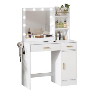 AMERLIFE 35.5" Make up Vanity Desk with Mirror and Lights, Vanity with Lights 3 Models Settings & Power Outlet, Vanity Desk with 2 Drawers, 1 Cabinets, Shelves, Makeup Vanity for Bedroom, White