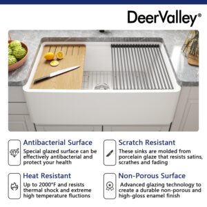 DeerValley 33 inch White Farmhouse Sink, Fireclay Farmhouse Kitchen Sink, Single Bowl Kitchen Sink, Front Apron Sink for Kitchen, Workstation Sink with Grid, Sink Strainer & Workstation Accessories