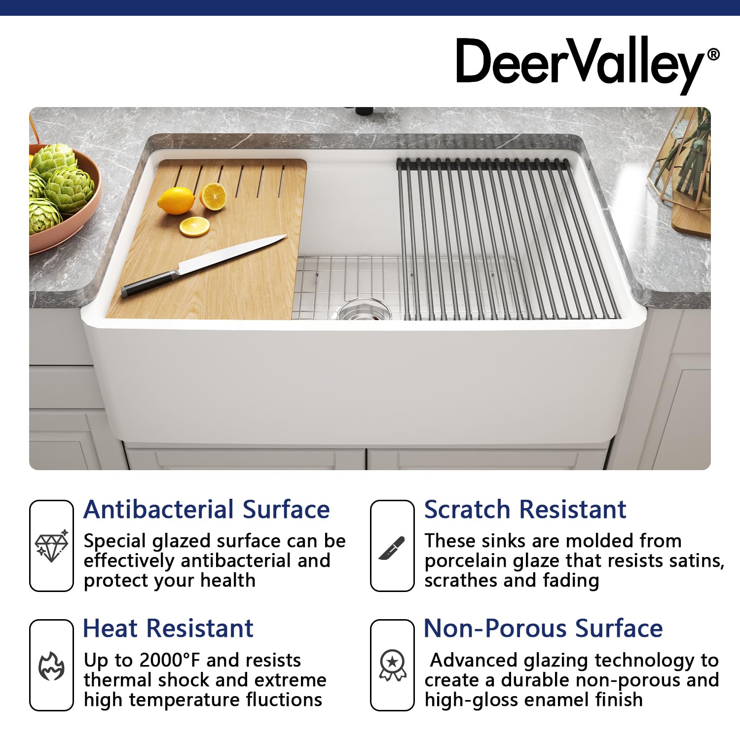 DeerValley 33 inch White Farmhouse Sink, Fireclay Farmhouse Kitchen Sink, Single Bowl Kitchen Sink, Front Apron Sink for Kitchen, Workstation Sink with Grid, Sink Strainer & Workstation Accessories