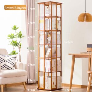 360° Rotating Bookshelf, 6 Tier Floor-Standing Acrylic Bookcase for Kids Adults, Spinning Display Shelf Books Storage Rack for Small Space Living Room, Study Room (Brown)