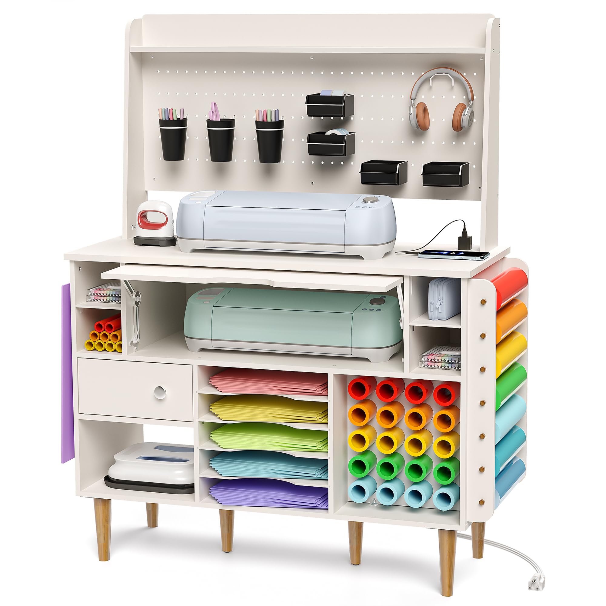 𝐂𝐫𝐚𝐟𝐢𝐭 Craft Table for Cricut Machines, Organizers and Storage Cabinet with USB Ports and Outlets, Crafting Desk Vinyl Roll Holder Tool Accessories Organization with Storage and Pegboard