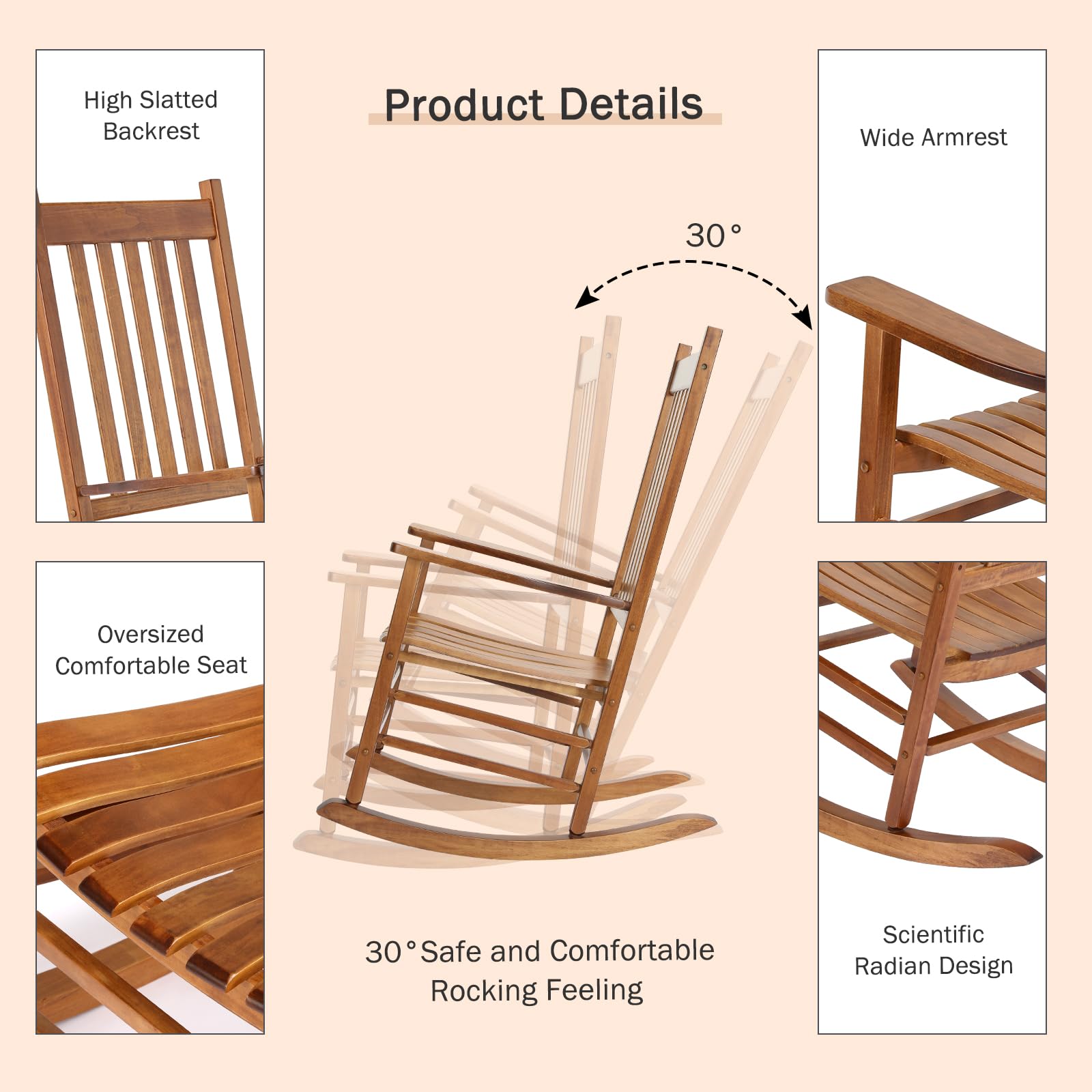 MAMIZO Wooden Rocking Chair Outdoor with High Back,Rocking Chair Indoor Oversized Easy to Assemble for Garden,Lawn, Balcony, Backyard,Porch,Wooden Rocking Chair,Porch Rocker（Teak Brown）