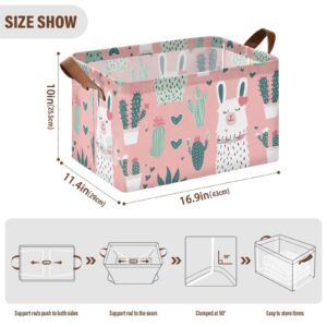 SPRIPORT Llama Cactus Pink Foldable Storage Cube for Shelves Fabric Storage Bin with Metal Frame & Double Handles Large Storage Basket for Organizing Blankets Toys Books Clothes