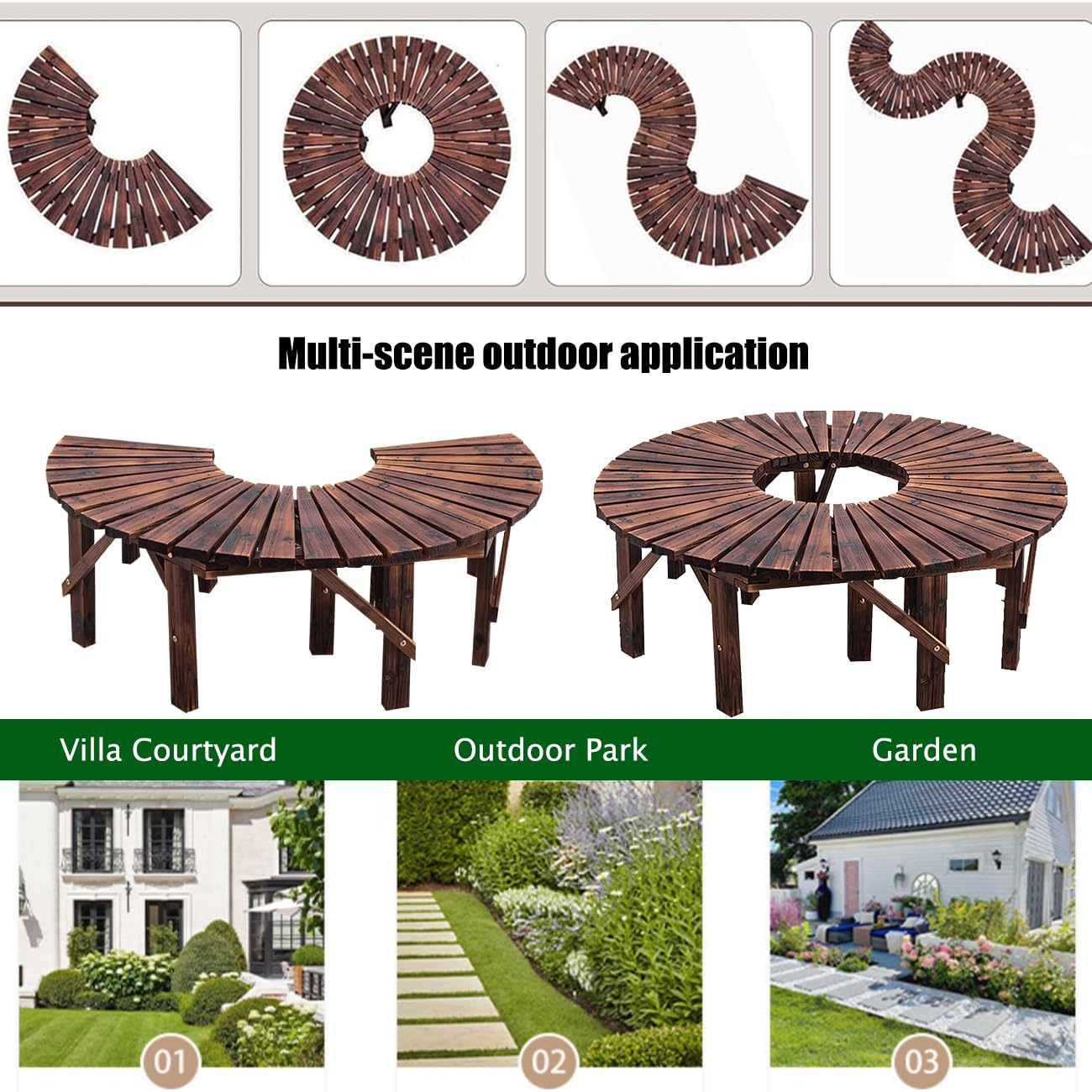 Outdoor Tree Bench,Wooden Semicircular Garden Bench Weatherproof Wrap Around Park Bench Semi Circle Garden Benches for Yard/Porch/Lawn/Patio (1pcs)