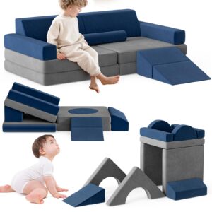 UMOMO 13 PCS Modular Kids Play Couch Building Fort, Floor Sofa Funiture for Playroom and Bedroom, Indoor Outdoor Playhouse Play Set for Kids, Toddlers, Blue & Gray