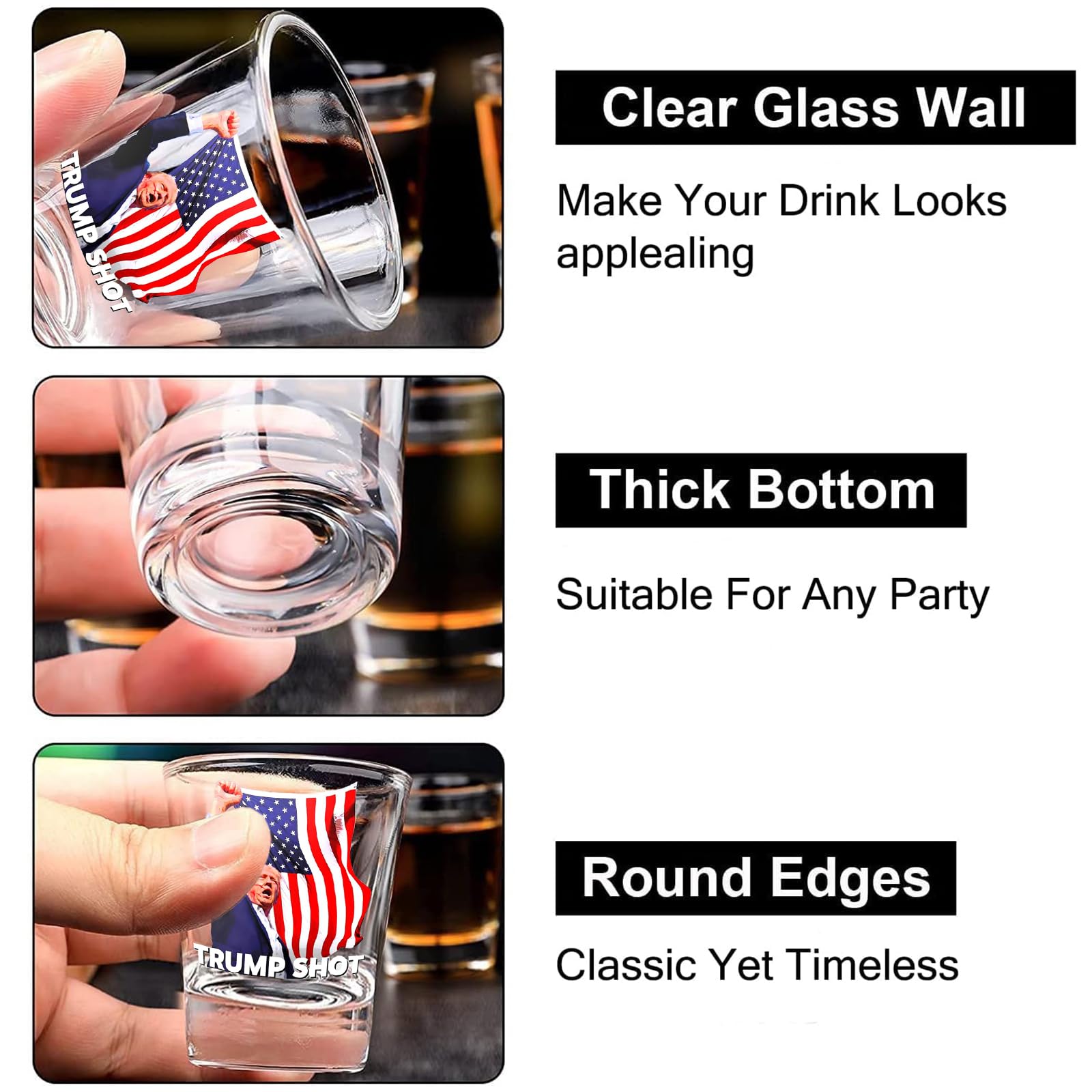 3Pcs Trump Shot Glass - Perfect for Political Enthusiasts, Holds.1.70 oz. Survived Assassination Picture & Trump Fist Pump- Great Trump 2024 Collectible - Never Surrender