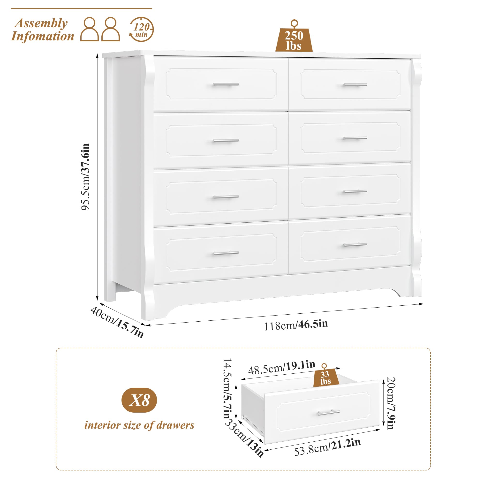 HITHOS 8 Drawer Dresser for Bedroom, White Dresser, 47" Wood Dresser & Chest of Drawers, Modern Double Storage Dresser Cabinet with Deep Drawers | Metal Handles for Living Room, Hallway, Entryway