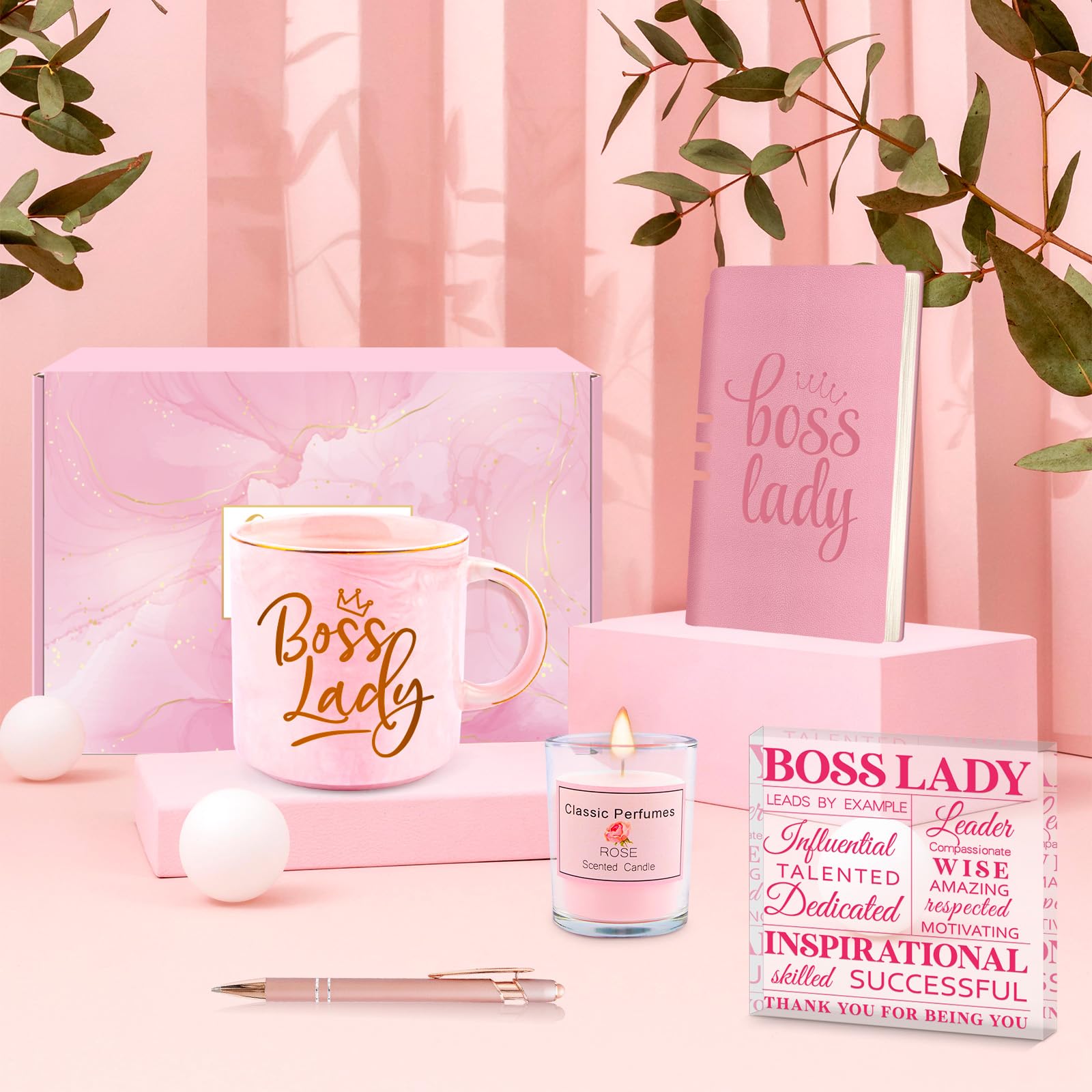 Boss Lady Gifts For Women, Thank You Gifts for Her, Boss Appreciation Gifts for Leader, Thanksgiving Christmas Gifts For Mom Birthday Present Boss Coffee Mug Acrylic Sign Notebook Ballpoint Pen Candle