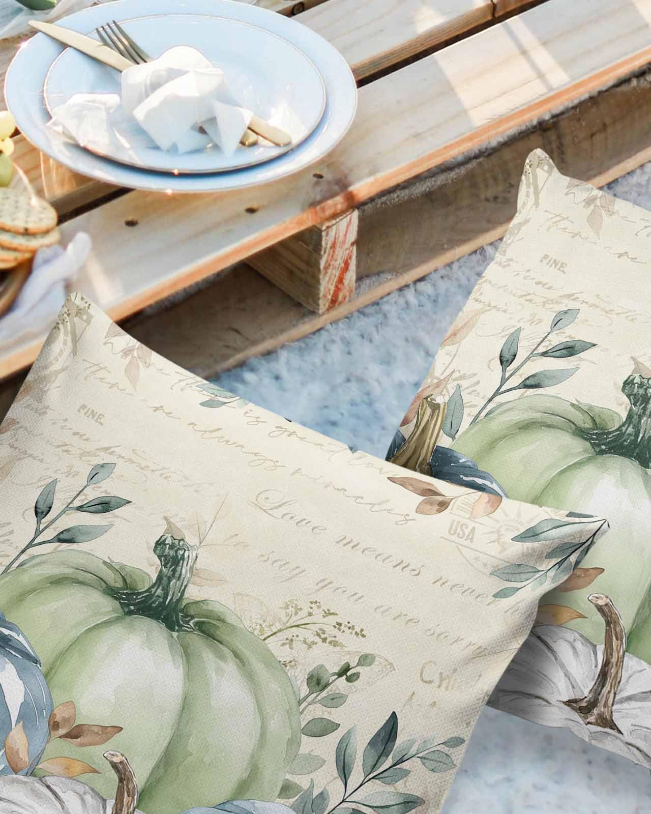 MUSWEDSEP Outdoor Pillow Covers Pack of 2,Fall Thanksgiving Pumpkin Green Blue Farm Plants Waterproof Throw Pillow Cover Decorative Cushion Case for Patio Garden Couch Sofa,Retro Letter Pillowcase