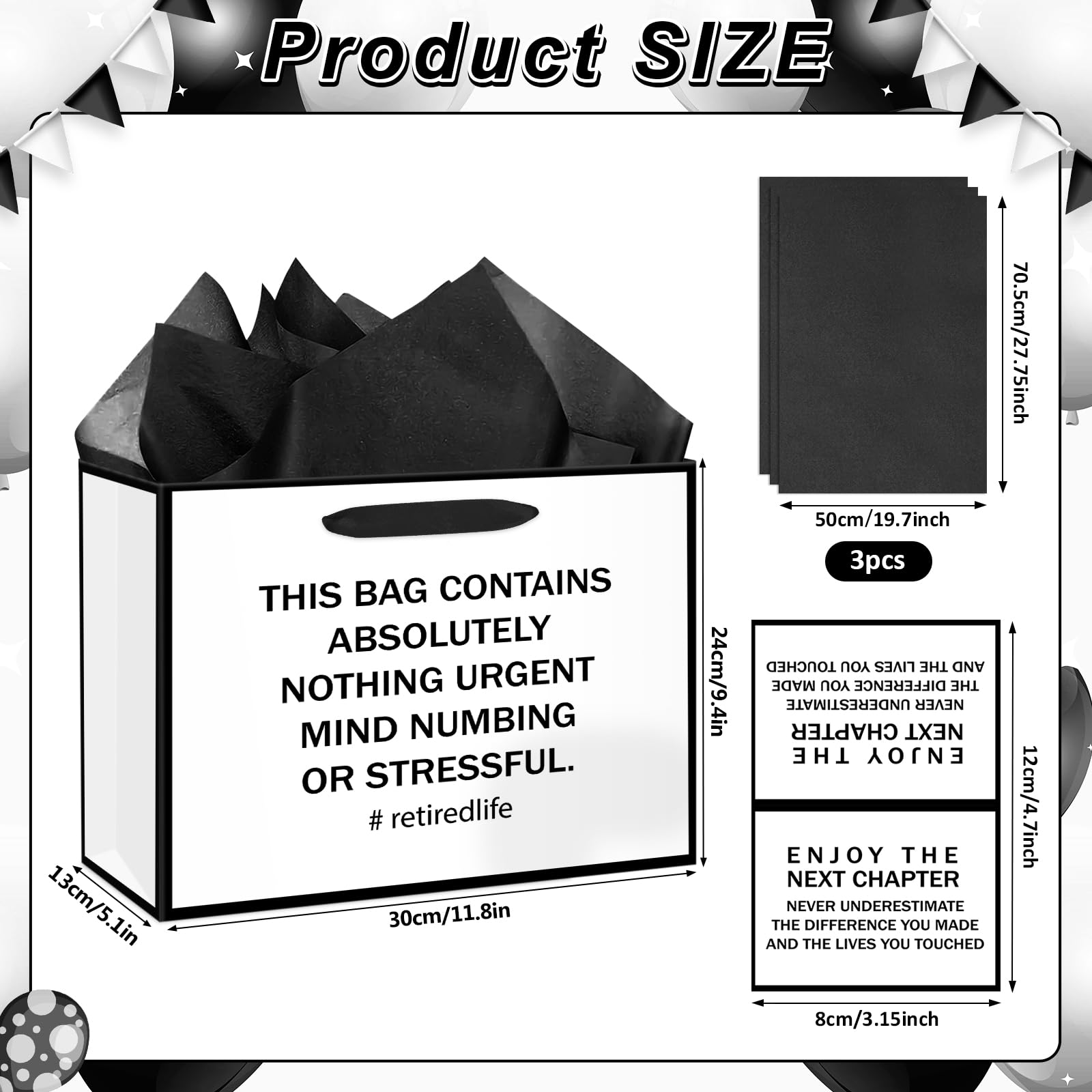 Black White Retirement Gift Bags Retirement Theme Paper Wrapping Bag with Tissue and Funny Retirement Card Black White Happy Retirement Party Decorations Gifts for Men Women Farewell Going Away Party Supplies