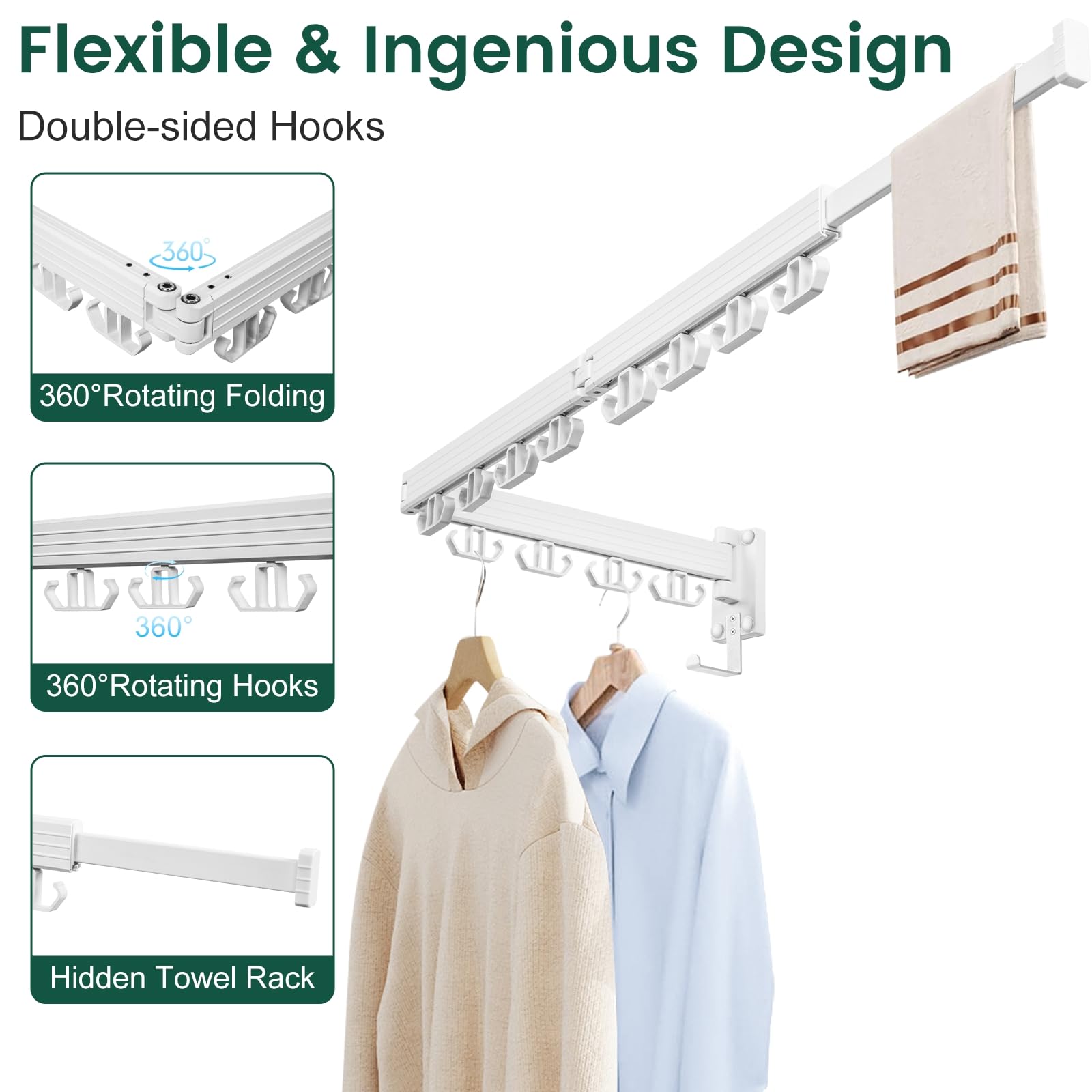 Kelisiting Wall Mounted Clothes Drying Rack, Laundry Drying Rack Wall Mounted, Upgrade 3-Foldable Clothing Drying Rack with 24 Hooks for Laundry, Laundry Organizer for Laundry & Dorms-White