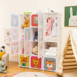 Nightcore Kids Wardrobe Closet, Portable Cartoon Clothes Closet DIY Modular Storage Organizer, Sturdy and Safe for Children, 12 Cubes & 2 Hanging Sections, Kids Wardrobe for Bedroom Nursery (White)